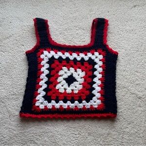 VTG Patriotic Hand Crocheted Granny Square Tank Top in Red, White, and Blue